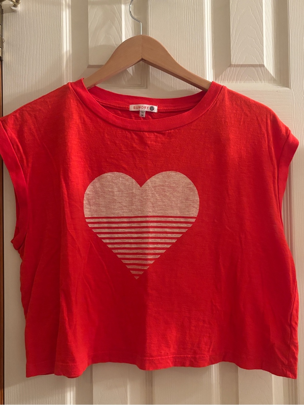 Sundry Red Cropped Muscle Tee with Striped Heart